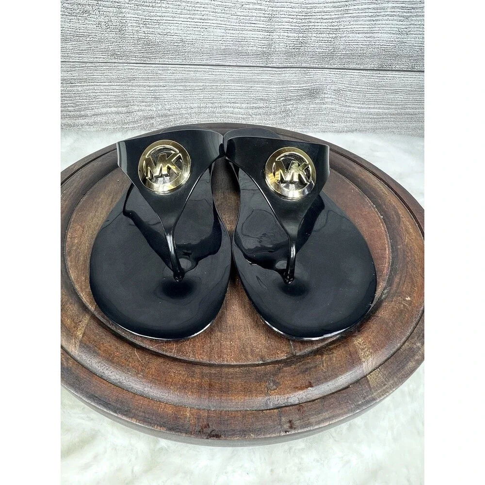 Women MK Michael Kors Lillie Jelly Thong Flat Slide Sandals PVC Black Size 8 M